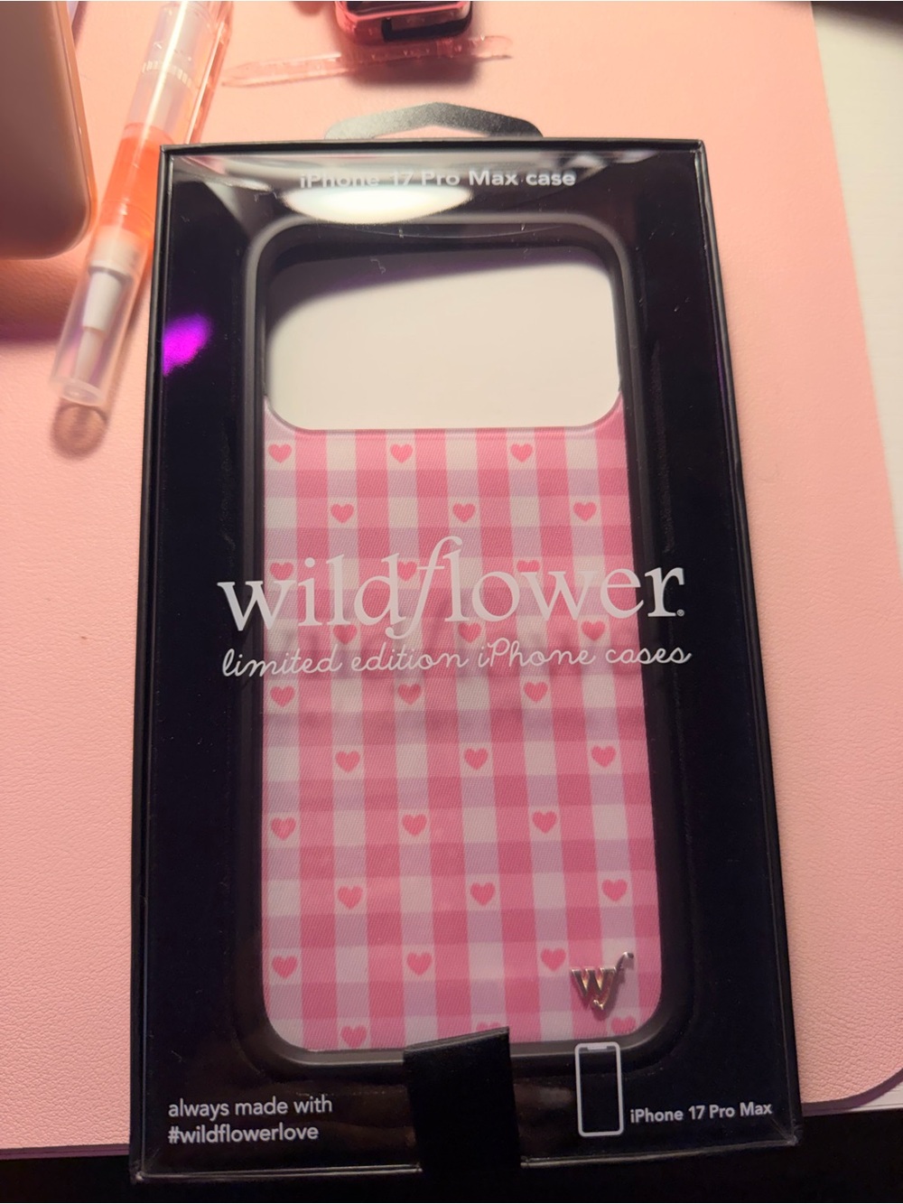 Wildflowers Pink Gingham Heart iPhone 17 Pro Max Case - Cute Check Pattern